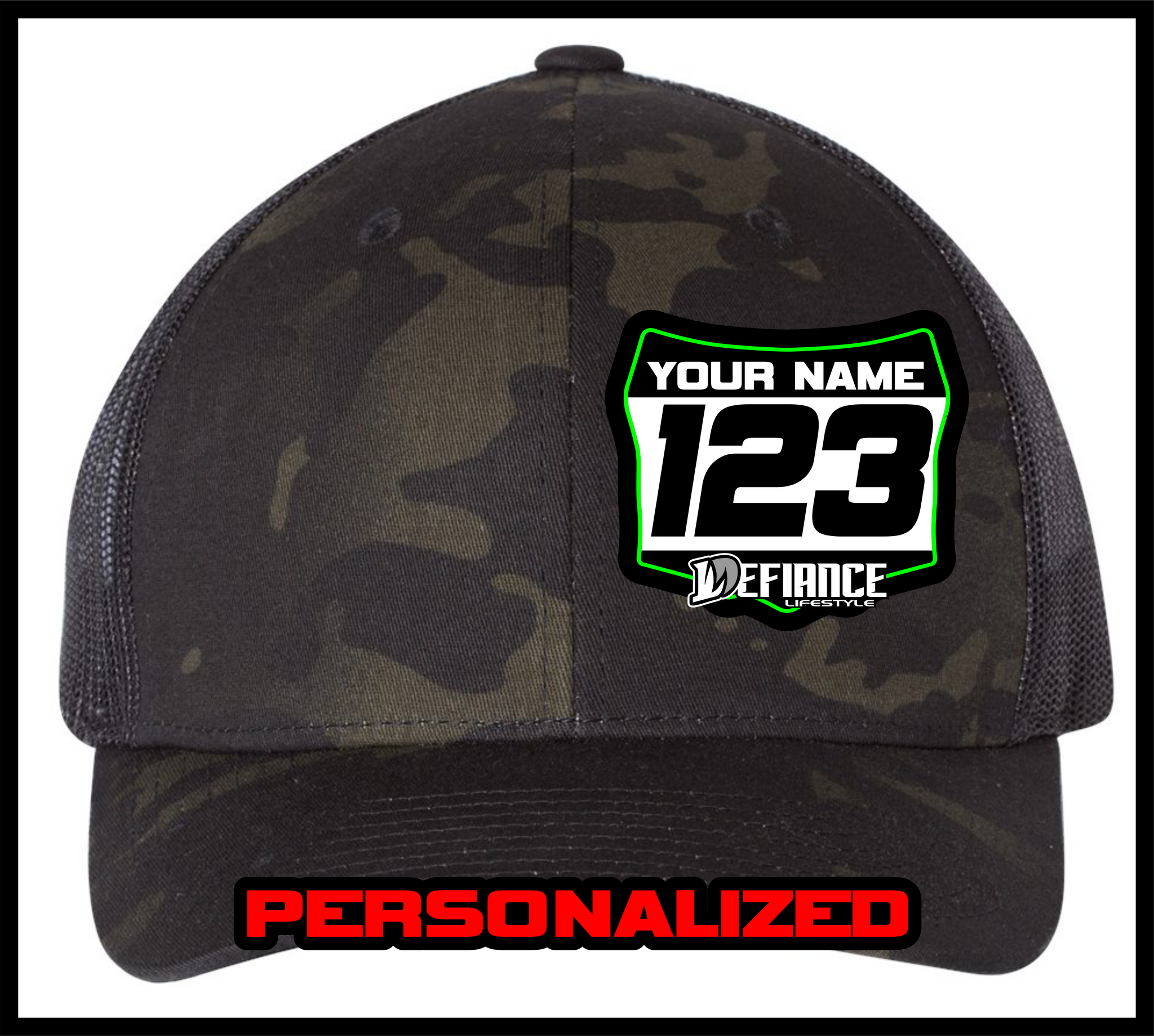 Race Hat with Personalized Number Plate - Black Camo