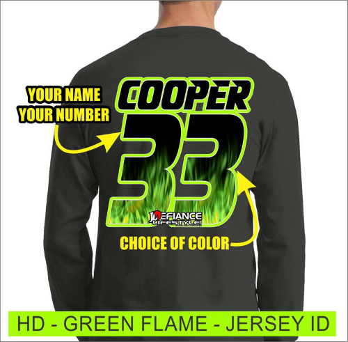 Green Flames -  Jersey Lettering - Defiance Lifestyle, Race Apparel - Casual to Custom