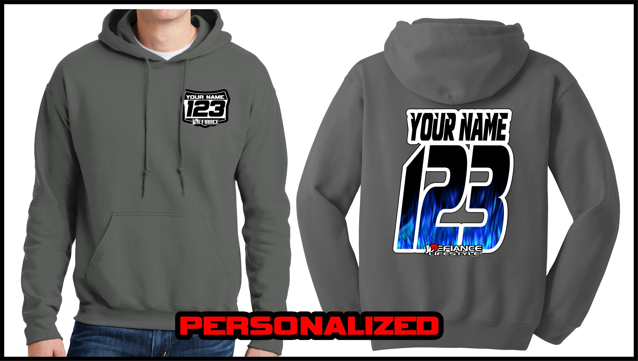 Custom Blue Flame Sweatshirt - Charcoal - Defiance Lifestyle, Race Apparel - Casual to Custom